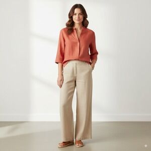 Eileen Fisher Women M Linen Silk Coral Blouse 3/4 Sleeve Lightweight Minimalist‎